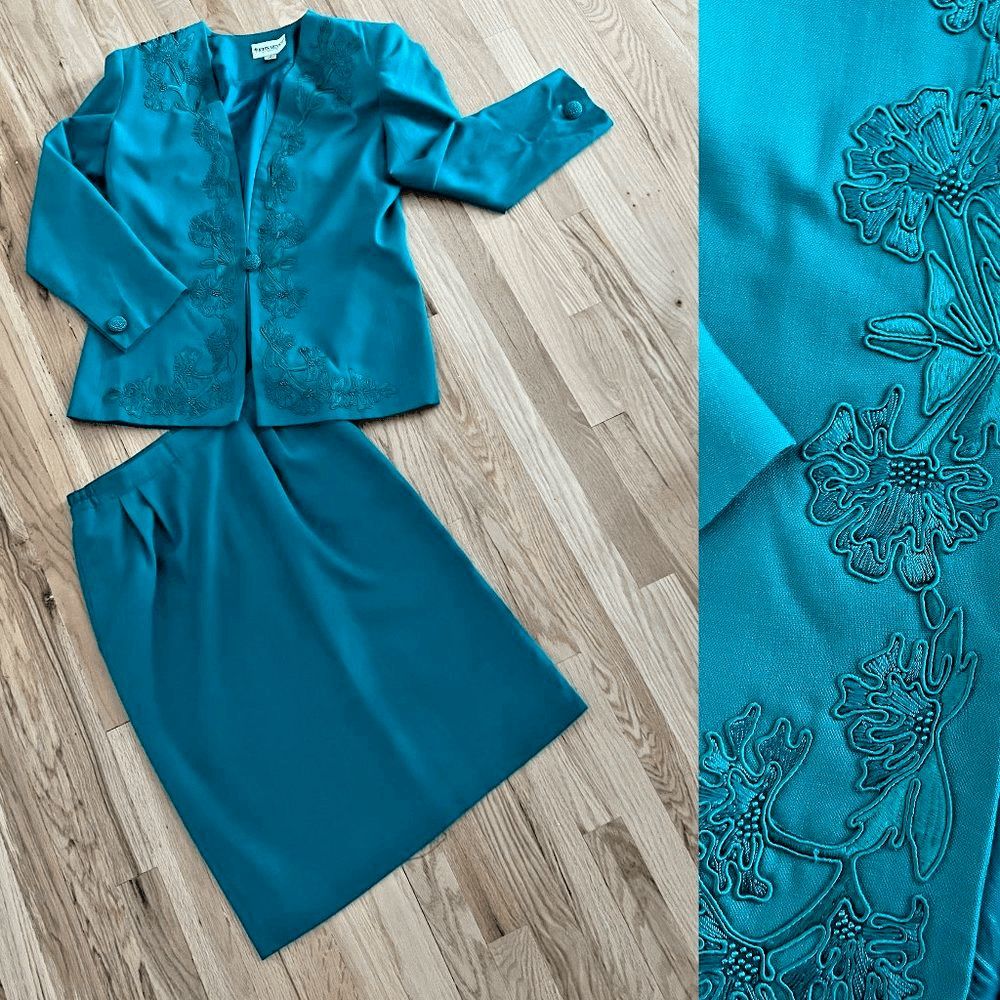 vtg 80s John Meyer‎ of Norwich women's jacket skirt set size green teal 12 rayon